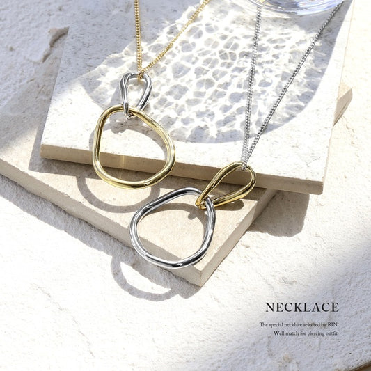 nec-42 ネックレス レディース 16k 16kコーティング シンプル ロングネックレス ロジウムコーティング アクセサリー ダブルリング ひねり オーバル カジュアル シルバー ゴールド かわいい おしゃれ フォーマル フェミニン 冠婚葬祭 オケージョン 凛