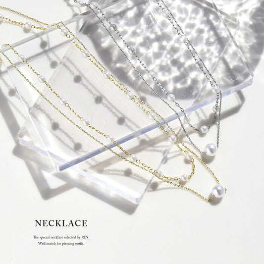 nec-54 ネックレス レディース チェーン チェーンネックレス パール パールネックレス ショート 短め 2連 レイヤード シンプル 16k 16kコーティング ロジウムコーティング カジュアル シンプル シルバー ゴールド かわいい おしゃれ 大人 上品 フォーマル 凛