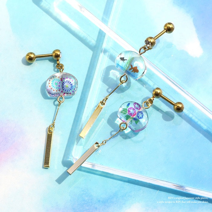 ori-0067 軟骨ピアス 14G 16G ボディピアス かわいい キャッチ チャーム サージカルステンレス 金属アレルギー対応 和風 風鈴 金魚 花火 朝顔 夏 ボディーピアス 軟骨用 揺れる ストレートバーベル セカンドピアス メンズ 軟骨 ピアス ボディーピアス