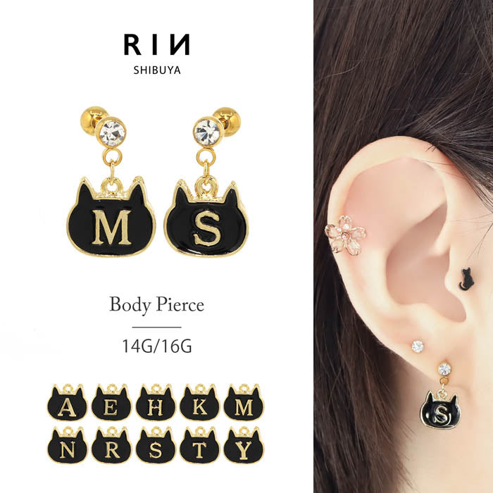 【全品送料無料】 軟骨 ピアス ボディピアス 14G 16G  猫 ネコ ねこ イニシャル アルファベット 軟骨ピアス ボディーピアス ボディピ 軟骨用 凛 16ゲージ 14ゲージ 耳 ボディピアス専門店 おしゃれ パーツ かわいい ストレートバーベル 黒 クロネコ 黒猫  「BP」「NAN」