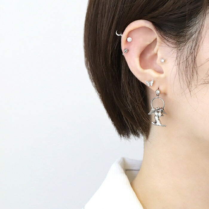 rin-set-001 ボディピアス 16G 軟骨ピアス ピアス 金属アレルギー つけっぱなし サージカルステンレス 猫 羽 翼 セカンドピアス ファーストピアス セット かわいい ヘリックス トラガス シルバー ブラック セグメントリング 大人 上品 耳たぶ 片耳用