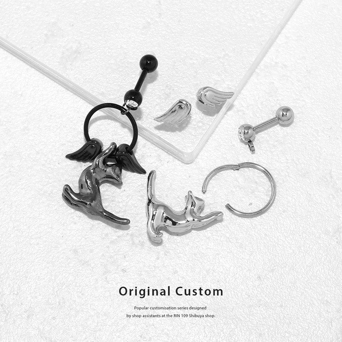 rin-set-001 ボディピアス 16G 軟骨ピアス ピアス 金属アレルギー つけっぱなし サージカルステンレス 猫 羽 翼 セカンドピアス ファーストピアス セット かわいい ヘリックス トラガス シルバー ブラック セグメントリング 大人 上品 耳たぶ 片耳用