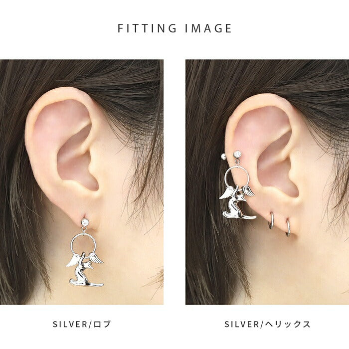 rin-set-001 ボディピアス 16G 軟骨ピアス ピアス 金属アレルギー つけっぱなし サージカルステンレス 猫 羽 翼 セカンドピアス ファーストピアス セット かわいい ヘリックス トラガス シルバー ブラック セグメントリング 大人 上品 耳たぶ 片耳用