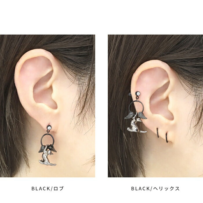 rin-set-001 ボディピアス 16G 軟骨ピアス ピアス 金属アレルギー つけっぱなし サージカルステンレス 猫 羽 翼 セカンドピアス ファーストピアス セット かわいい ヘリックス トラガス シルバー ブラック セグメントリング 大人 上品 耳たぶ 片耳用
