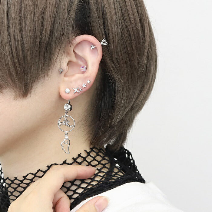 rin-set-002 ボディピアス 14G 18G 軟骨ピアス ピアス へそピアス 金属アレルギー つけっぱなし サージカルステンレス 星 スター 天使 エンジェル 羽 翼 シルバー ゴールド セカンドピアス ファーストピアス セット かわいい 大人 上品 耳たぶ 片耳用
