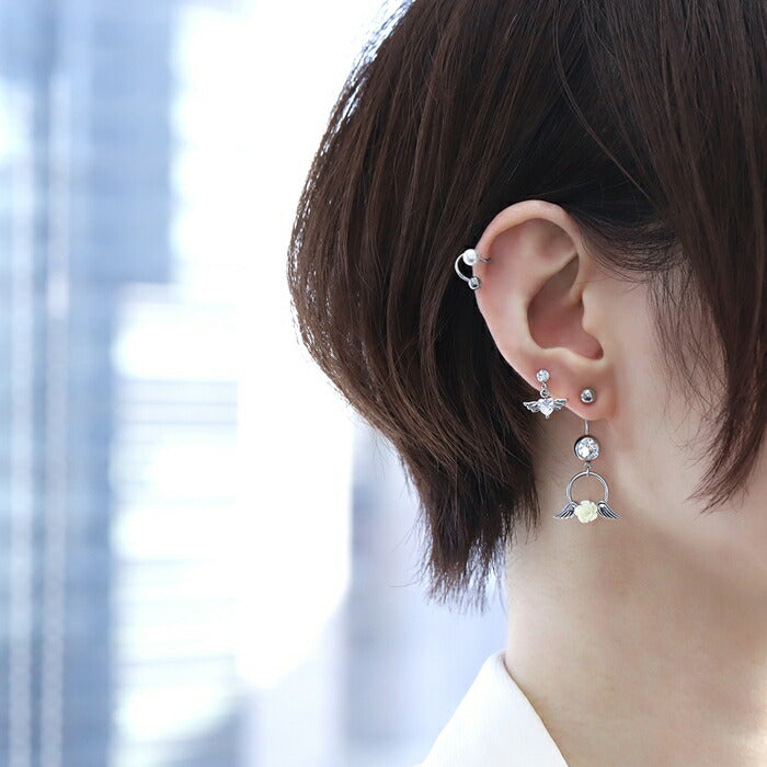 rin-set-006 ボディピアス 14G 18G 軟骨ピアス サージカルステンレス 金属アレルギー対応 エンジェル デビル 羽 翼 バラ シルバー ホワイト ピンク レッド パープル ブラック ジュエル ピアス ヘリックス 耳たぶ 耳 凛カスタム 揺れる 片耳用