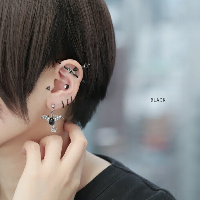 rin-set-008 ボディピアス 軟骨ピアス 16G 金属アレルギー 金属アレルギー対応 つけっぱなし ステンレス チャーム ピアス 王冠 クラウン コウモリ 翼 羽 カスタマイズ カスタム かわいい シルバー 耳たぶ オリジナル セット 片耳用