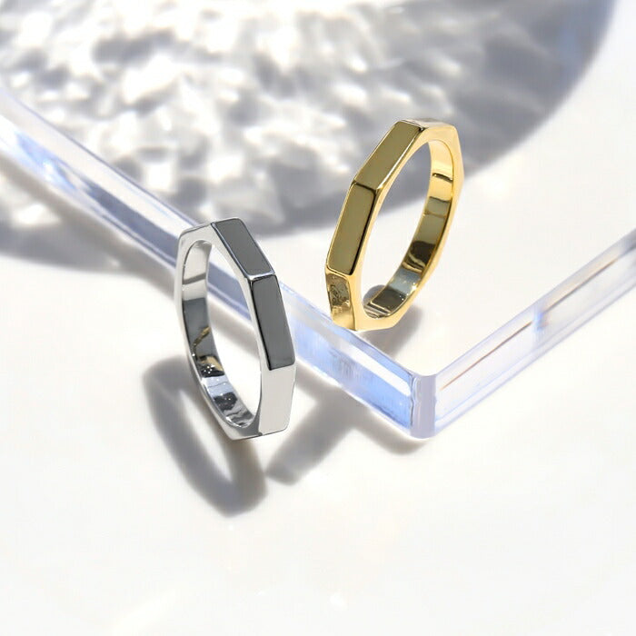 ring-40 リング 指輪 レディース シルバー ゴールド シンプル 18k 18金  9号 10号 12号 金属アレルギー 八角形 オクタゴン 重ね付け 重ねづけ ロジウムコーティング ファッションリング ゴールドリング シルバーリング 大人 可愛い  細い 凛