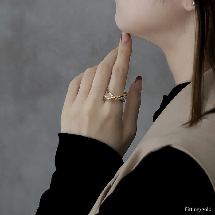 ring-64 リング 指輪 レディース アクセサリー シルバー ゴールド シンプル ツイスト ツイストリング ダブルリング クロスリング クロス パール 16mm 17mm 18k 18金 重ね付け 重ねづけ ファッションリング ゴールドリング シルバーリング カジュアル 凛