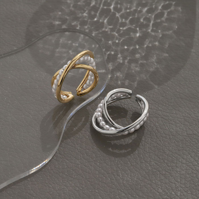 ring-64 リング 指輪 レディース アクセサリー シルバー ゴールド シンプル ツイスト ツイストリング ダブルリング クロスリング クロス パール 16mm 17mm 18k 18金 重ね付け 重ねづけ ファッションリング ゴールドリング シルバーリング カジュアル 凛