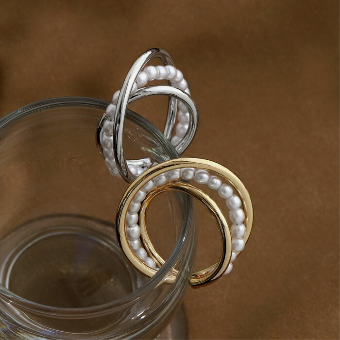 ring-64 リング 指輪 レディース アクセサリー シルバー ゴールド シンプル ツイスト ツイストリング ダブルリング クロスリング クロス パール 16mm 17mm 18k 18金 重ね付け 重ねづけ ファッションリング ゴールドリング シルバーリング カジュアル 凛