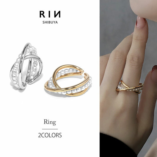 ring-64 リング 指輪 レディース アクセサリー シルバー ゴールド シンプル ツイスト ツイストリング ダブルリング クロスリング クロス パール 16mm 17mm 18k 18金 重ね付け 重ねづけ ファッションリング ゴールドリング シルバーリング カジュアル 凛