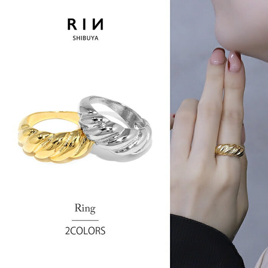 ring-66 リング 指輪 レディース アクセサリー シルバー ゴールド シンプル 9号 10号 12号 15mm 16mm 18k 18金 18kコーティング 重ね付け 重ねづけ ファッションリング ゴールドリング シルバーリング ねじれ ウェーブ 太め カジュアル 凛