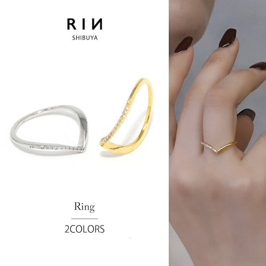 ring-81 リング 指輪 v字型 レディース アクセサリー 金属アレルギー シルバー ゴールド シンプル 9号 11号 13号 ファッションリング 16k キュービックジルコニア ロジウムコーティング ゴールドリング シルバーリング 高見え 高みえ プチプラ 細い 細め 凛