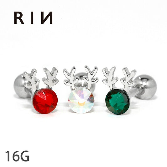 【全品送料無料】 ボディピアス 16G 軟骨ピアス ジュエル キラキラ トナカイ 角 クリスマス サージカルステンレス 金属アレルギー対応 可愛い シルバー オーロラ レッド グリーン レディース 耳たぶ 片耳用 耳