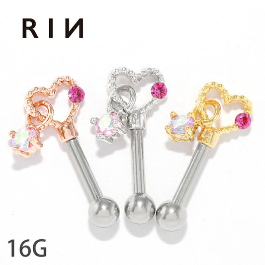 ★【全品送料無料】 軟骨ピアス 16G かわいい ハート キャッチ チャーム ボディピアス シルバー ゴールド ピンクゴールド  サージカルステンレス 金属アレルギー対応  ストレート バーベル 片耳用 軟骨用 揺れる 耳たぶ ボディピ