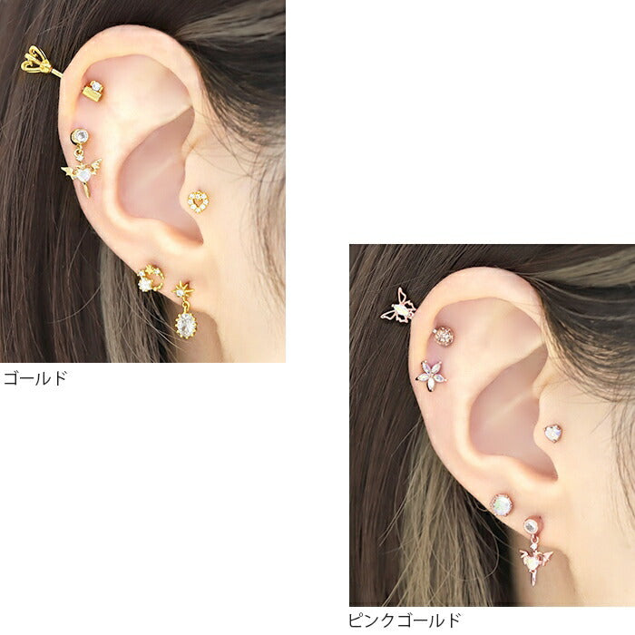 t9192-93 ボディピアス 軟骨ピアス チャーム 16G デビル ハート 羽 ピアス 金属アレルギー対応 サージカルステンレス ストレートバーベル セカンドピアス ステンレス シルバー ゴールド ピンクゴールド レディース ジュエル キラキラ キュービックジルコニア 揺れる 耳 片耳用