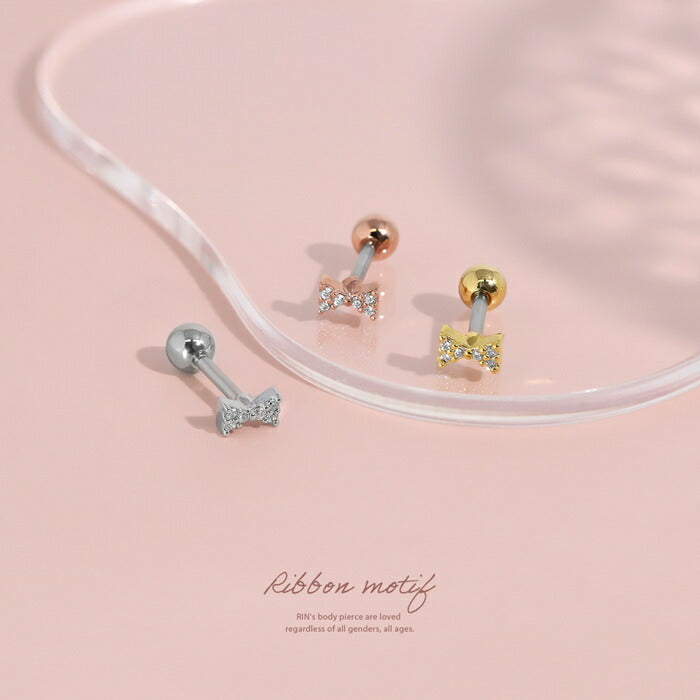 d-074 軟骨ピアス 金属アレルギー対応 16G ボディピアス リボン ジルコニア サージカルステンレス ピアス アレルギー対応 大人カワイイ レディース 小さい プチプライス高見え さりげない 女子 デート お出かけ デイリー 日常使い ストレートバーベル 片耳用