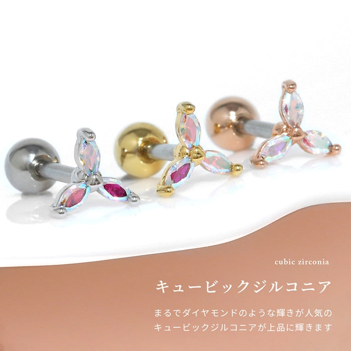d-083 軟骨ピアス 16G ボディピアス フラワー 三つ葉 キュービックジルコニア キラキラ かわいい ストレートバーベル ピアス サージカルステンレス 片耳用