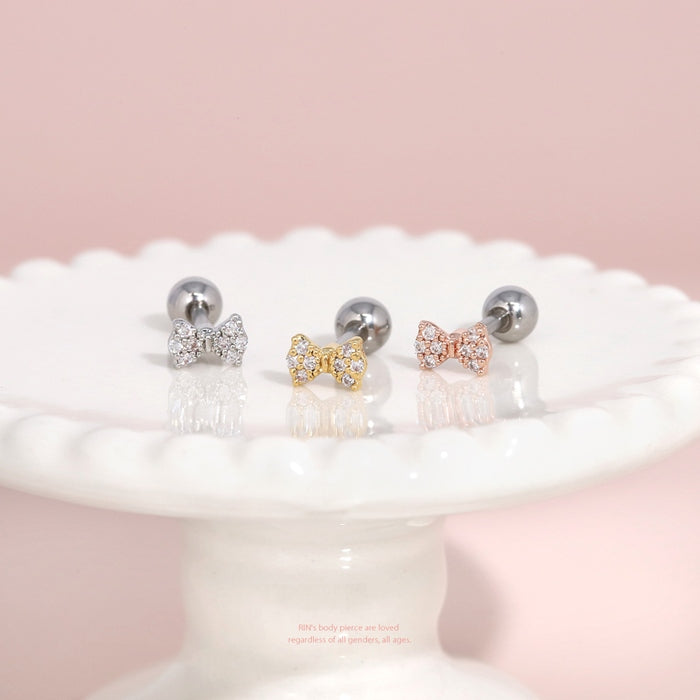 d-101 軟骨ピアス 16G ボディピアス リボン ミニ バレエコア かわいい ジュエル キュービックジルコニア ストレートバーベル ピアス サージカルステンレス 片耳用