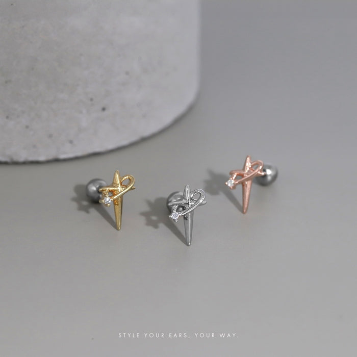 d-104 軟骨ピアス 16G ボディピアス クロス 十字架 ジュエル シンプル スタイリッシュ 個性的 ストレートバーベル ピアス サージカルステンレス 耳 耳たぶ 片耳用