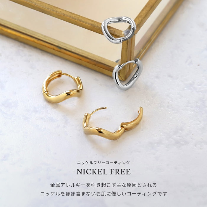 【廃盤】 fp-019 ピアス キャッチレス フープピアス リングピアス 金属アレルギー ニッケルフリー 18kコーティング 変形 歪み ひねり レディース シンプル ワンタッチピアス シルバー ゴールド おしゃれ かわいい 上品 きれいめ 耳たぶ  【両耳用・2個売り】