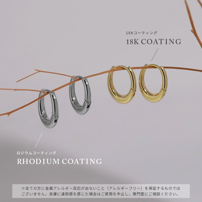 fp-051 ピアス 18k 18金 金属アレルギー フープ リング つっけぱなし キャッチレス 楕円 変形 ワンタッチ 18kコーティング レディース セカンドピアス シンプル シルバー ゴールド ロジウムコーティング 上品 きれいめ 耳たぶ 【両耳用・2個売り】