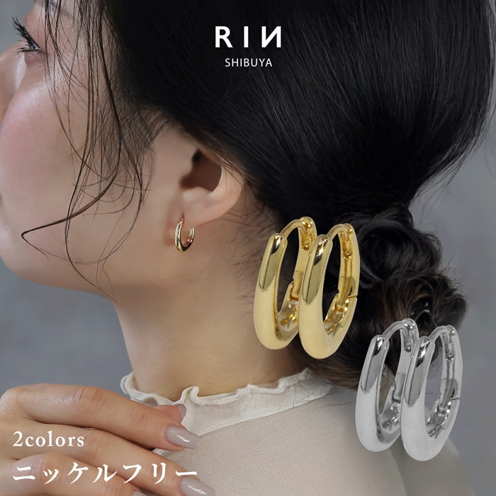 fp-051 ピアス 18k 18金 金属アレルギー フープ リング つっけぱなし キャッチレス 楕円 変形 ワンタッチ 18kコーティング レディース セカンドピアス シンプル シルバー ゴールド ロジウムコーティング 上品 きれいめ 耳たぶ 【両耳用・2個売り】