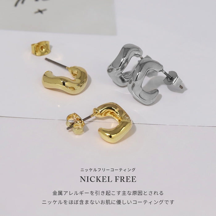 fp-053 ピアス 18k 18金 金属アレルギー フープ ニッケルフリー つっけぱなし 18kコーティング レディース チタンポスト ポストピアス セカンドピアス シンプル シルバー ゴールド 変形 歪 c型 ロジウムコーティング 大人 上品 かわいい きれいめ 耳たぶ 【両耳用・2個売り】