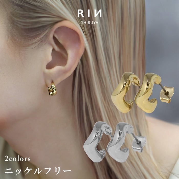 fp-053 ピアス 18k 18金 金属アレルギー フープ ニッケルフリー つっけぱなし 18kコーティング レディース チタンポスト ポストピアス セカンドピアス シンプル シルバー ゴールド 変形 歪 c型 ロジウムコーティング 大人 上品 かわいい きれいめ 耳たぶ 【両耳用・2個売り】