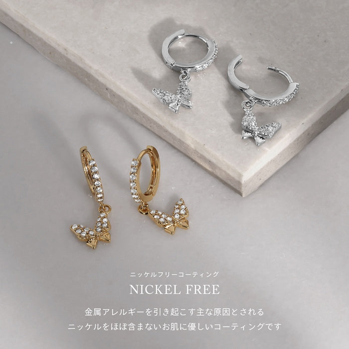 fp-109 ピアス キャッチレス 18k 18金 フープピアス 低アレルギー ニッケルフリー 蝶 バタフライ リングピアス 揺れる 小ぶり 小さめ 極小 レディース シンプル シルバー ゴールド キュービックジルコニア セカンドピアス 耳たぶ 【両耳用・2個売り】