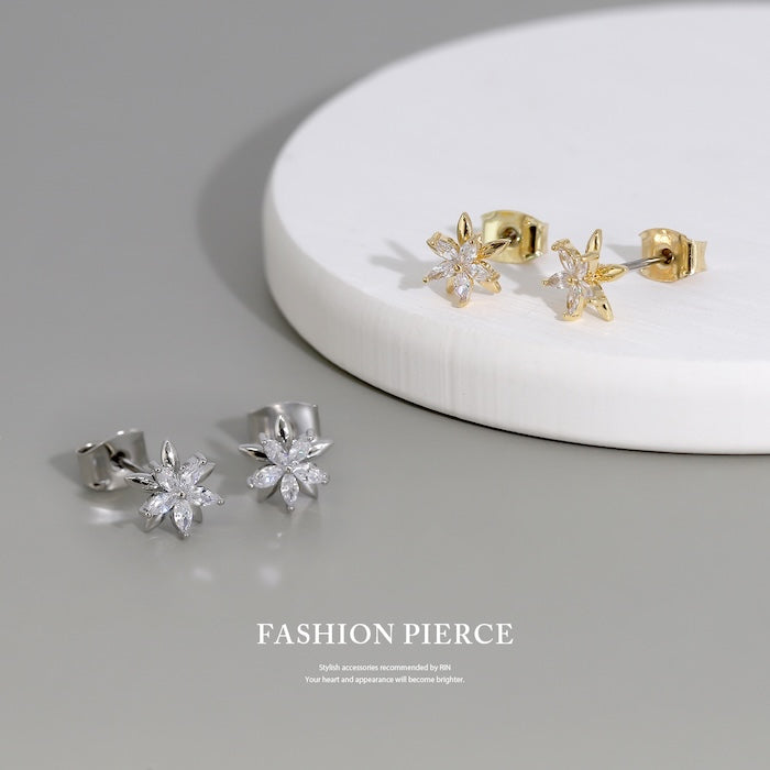fp-127 ピアス 金属アレルギー 花 フラワー 18k 18金 つけっぱなし レディース シンプル シルバー ゴールド かわいい セカンドピアス 普段使い 金属アレルギー対応 チタンピアス  ジュエル キュービックジルコニア セット 【両耳用・2個売り】