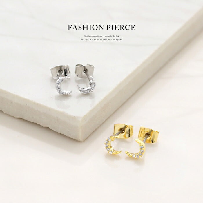 fp-135 ピアス 金属アレルギー 月 ムーン 18k 18金 レディース シンプル シルバー ゴールド つけっぱなし スタッドピアス かわいい セカンドピアス チタン 普段使い アクセサリー キュービックジルコニア ジュエル セット 【両耳用・2個売り】