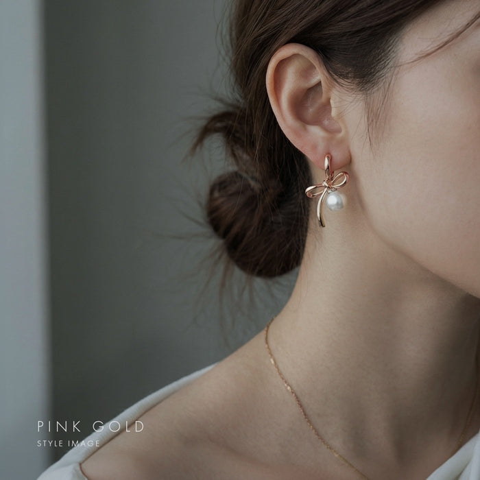 fp-171 ピアス アクセサリー リボン パール 上品 セレモニー パーティ かわいい リングピアス フープ ピアス ニッケルフリー 18K 【両耳用・2個売り】