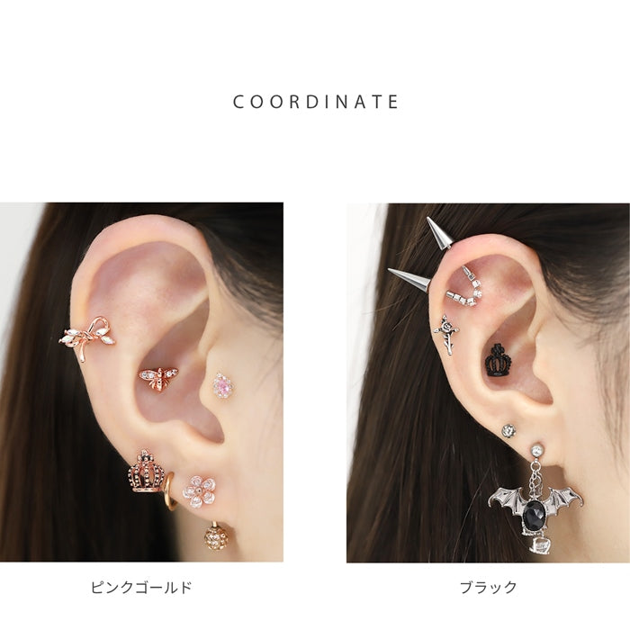 h1132-237 軟骨ピアス かわいい 16G ボディピアス 王冠 クラウン 王様 ゴールド ブラック 16ゲージ  ピアス メンズ ストレートバーベル サージカルステンレス 耳 軟骨