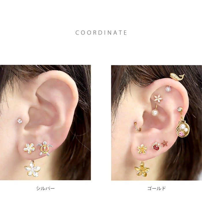 h1132-248 へそピアス かわいい 14G ハワイアン プルメリア ダブル 花 南国 リゾート 夏 海 カーブバーベル バナナバーベル 14ゲージ ピアス サージカルステンレス 片耳用