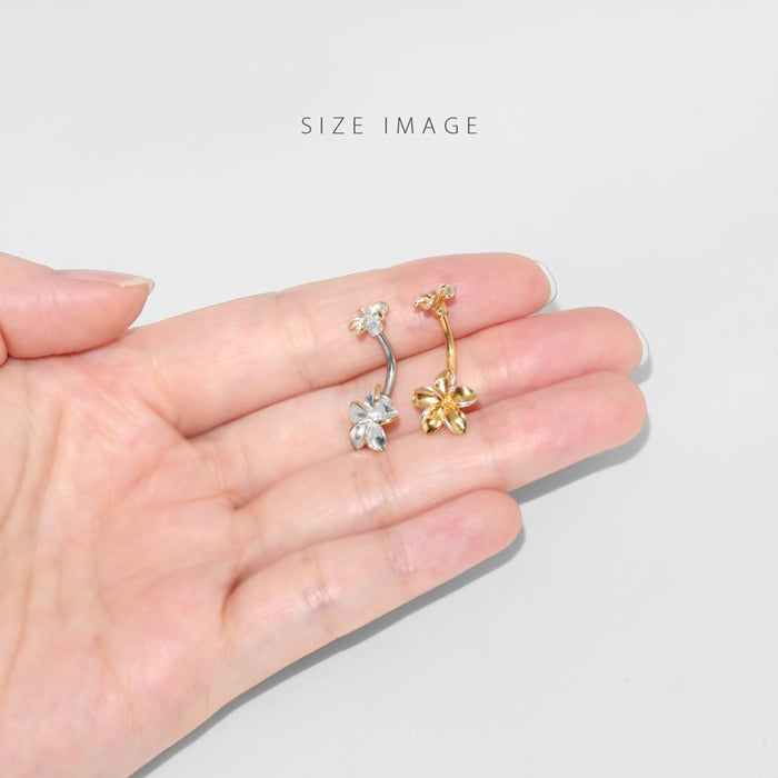h1132-248 へそピアス かわいい 14G ハワイアン プルメリア ダブル 花 南国 リゾート 夏 海 カーブバーベル バナナバーベル 14ゲージ ピアス サージカルステンレス 片耳用