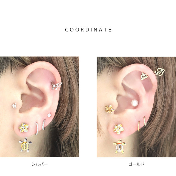 h1132-249 へそピアス ハワイアン ボディピアス 軟骨ピアス 14G つけっぱなし キャッチ サージカルステンレス ファーストピアス セカンドピアス シルバー ゴールド 亀 カメ タートル 花 フラワー ハワイアン 海 ボディピ 耳たぶ 片耳用 凛 RIN