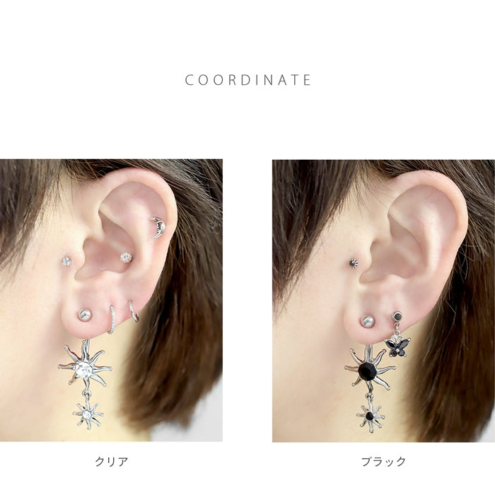 h1132-287 軟骨ピアス 16G ボディピアス 太陽 サン ギラギラ かっこいい スタイリッシュ 黒 クリア バナナバーベル ピアス サージカルステンレス 片耳用