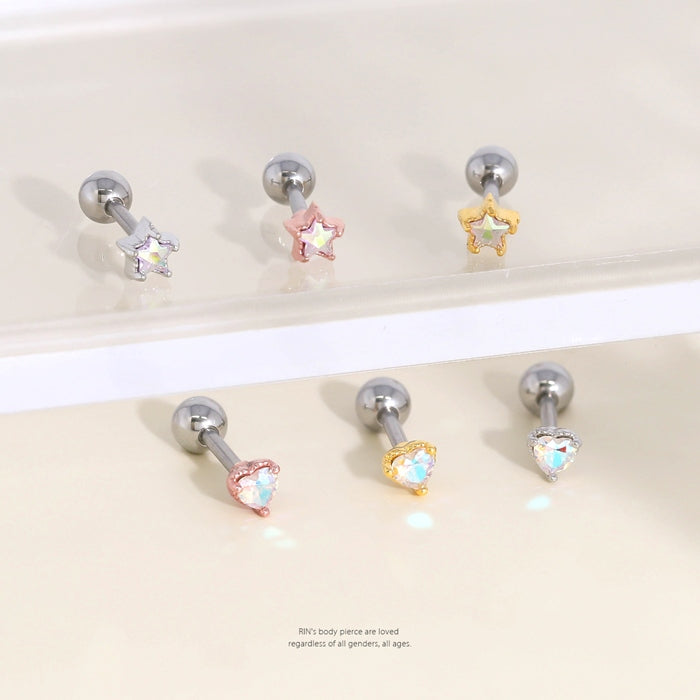 h752-58 軟骨ピアス 16G ボディピアス かわいい キャッチ チャーム サージカルステンレス ハート 星 オーロラ ジュエル 立爪 スター メンズ ストレートバーベル 片耳用 メンズ 軟骨 ピアス ボディーピアス