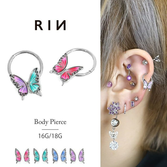rin-012 軟骨ピアス  パーツ 16G 18G 蝶々 バタフライ 羽 ピンク グリーン ブルー パープル ピアスパーツ 左右1個ずつ 片耳用
