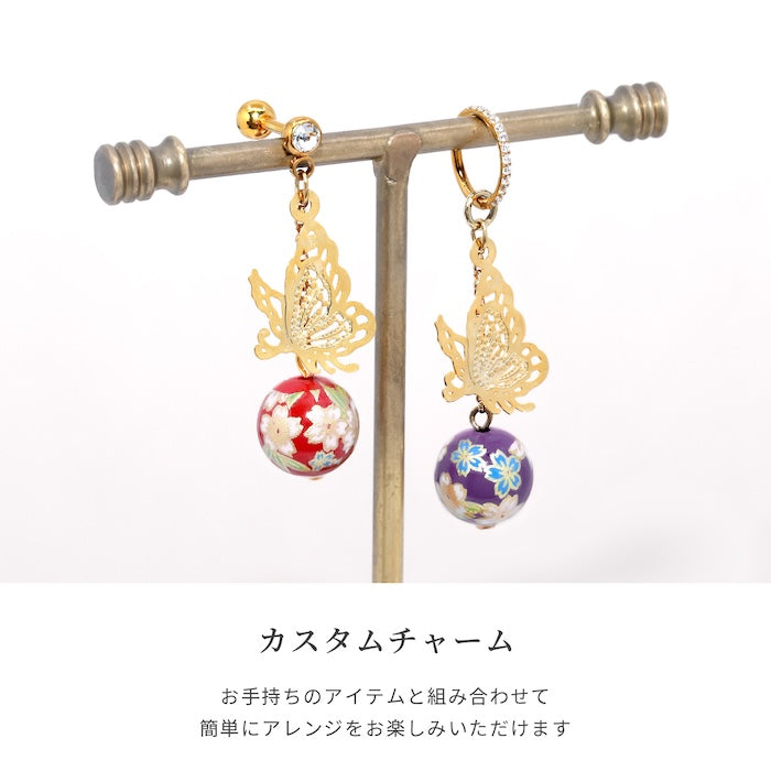 ori-148 ボディピアス 14G 16G 18G  軟骨ピアス チャーム 毬 鞠 蝶 蝶々 バタフライ チェーン 和 和風  透明 赤 紫 クリア レッド パープル