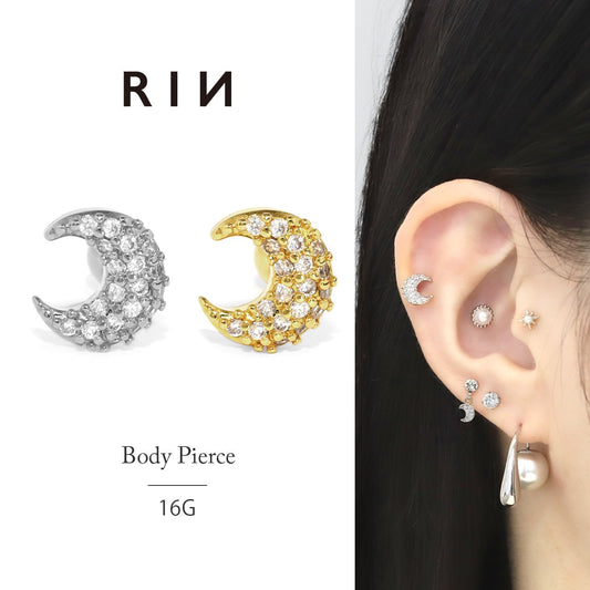 r2f-474-179 軟骨ピアス 16G ボディピアス 三日月 ジュエル ムーン シルバー ゴールド キュービックジルコニア ストレートバーベル ピアス サージカルステンレス 片耳用