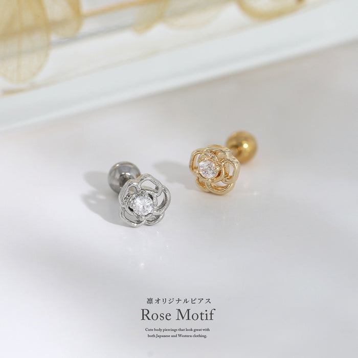 【廃盤】 rin-013 軟骨ピアス 16G ボディピアス 薔薇 バラ 透かしデザイン ジュエル 上品 かわいい 花 ストレートバーベル ピアス サージカルステンレス 片耳用
