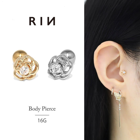 【廃盤】 rin-013 軟骨ピアス 16G ボディピアス 薔薇 バラ 透かしデザイン ジュエル 上品 かわいい 花 ストレートバーベル ピアス サージカルステンレス 片耳用