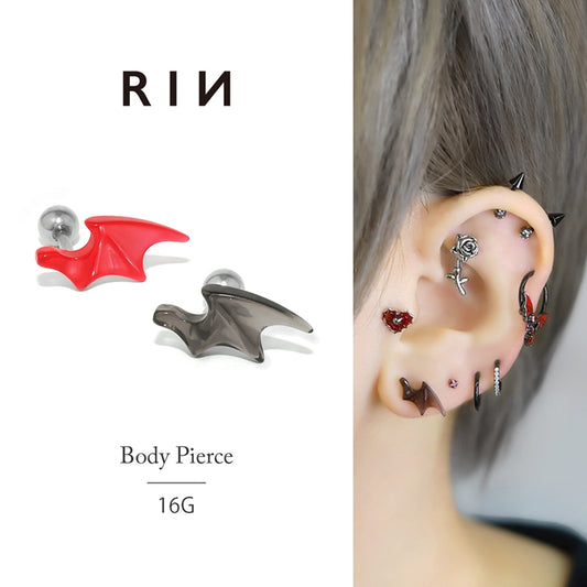 rin-014 軟骨ピアス 16G ボディピアス デビル 悪魔 羽 翼 アクリル クール レッド ブラック ストレートバーベル ピアス サージカルステンレス 片耳用