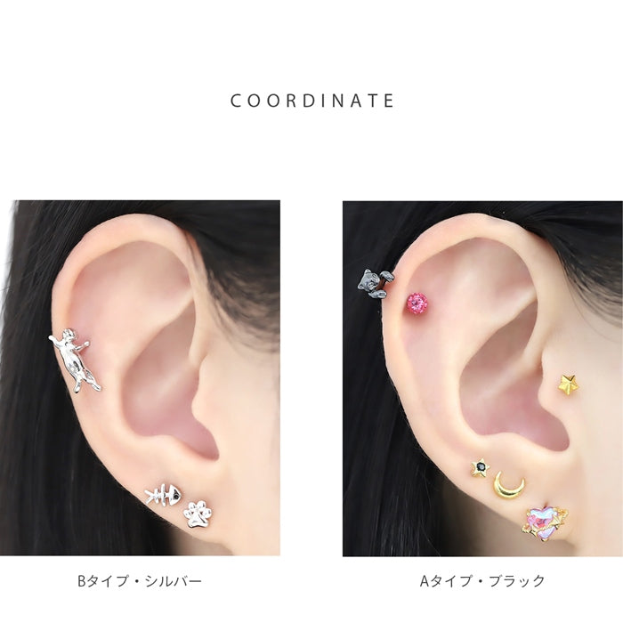 ★rin-018 軟骨ピアス 16G ボディピアス のびネコ 猫 かわいい アンテナヘリックス イベント ストレートバーベル ピアス サージカルステンレス 片耳用