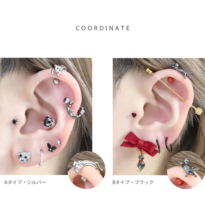 ★rin-018 軟骨ピアス 16G ボディピアス のびネコ 猫 かわいい アンテナヘリックス イベント ストレートバーベル ピアス サージカルステンレス 片耳用