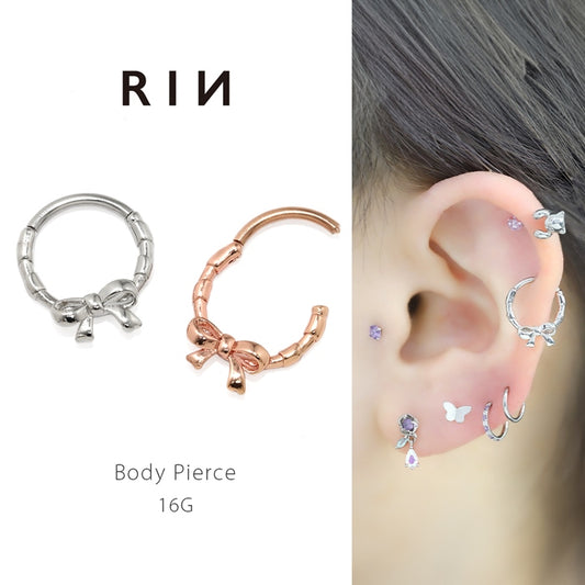 rin-024 軟骨ピアス 16G ボディピアス リボン バレエコア シンプル 大人カワイイ セグメントリング ピアス サージカルステンレス 片耳用