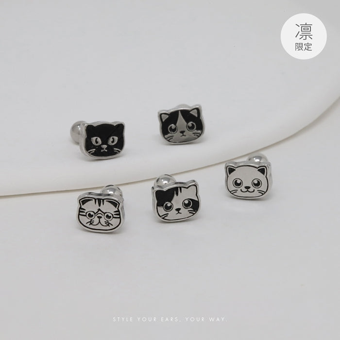 rin-036 軟骨ピアス 16G ボディピアス 猫 ねこ ネコ キャット フェイス かわいい 白 黒 三毛 はちわれ 折れ耳 ストレートバーベル ピアス サージカルステンレス 片耳用